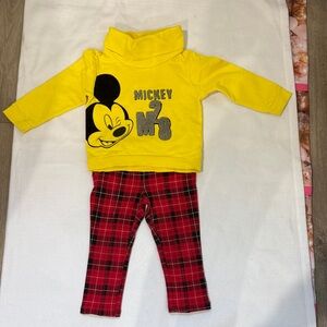 Yellow Mickey Mouse Top and Red Plaid Pants Set